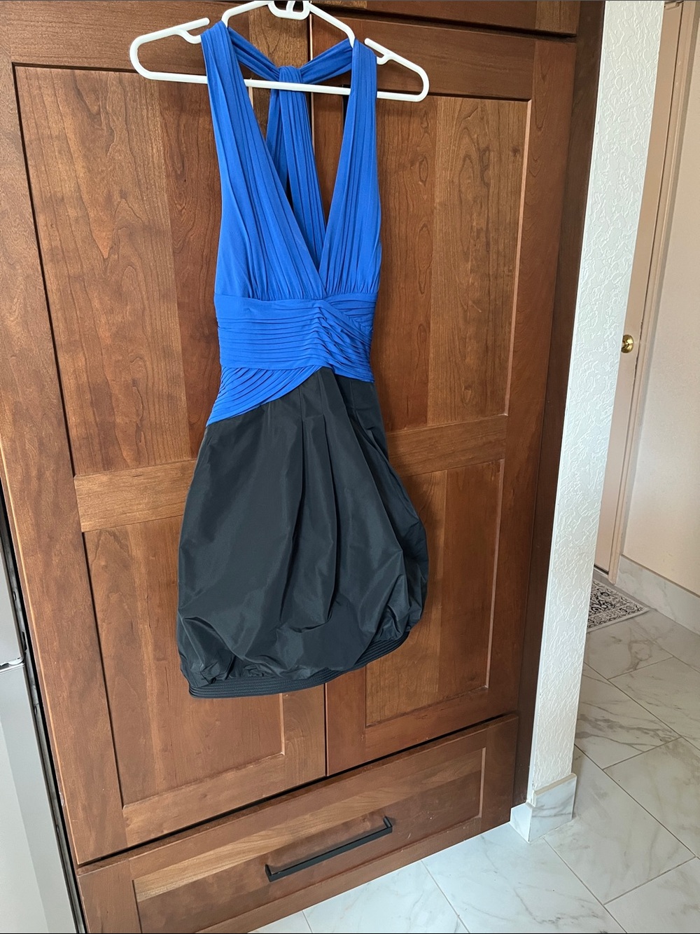 BCBGMaxAzria Royal Blue and Black Pleated Bubble-Hem Mini Dress